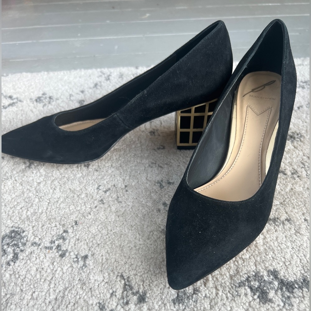 Brian Atwood Black Suede Pumps Size 7 Gold Caged Heel Pointed Toe Designer Heels